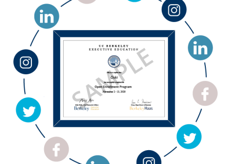 sample Berkeley ExecEd certificate with social icons surrounding it