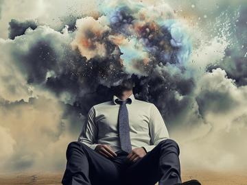 A person sits on the ground in the desert with storm clouds around their head