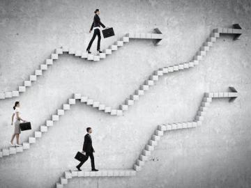 Illustration of three business people, each climbing their own staircase