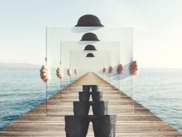 an infinite reflection of surrealist painting against a seaside dock, styled after Rene Magritte