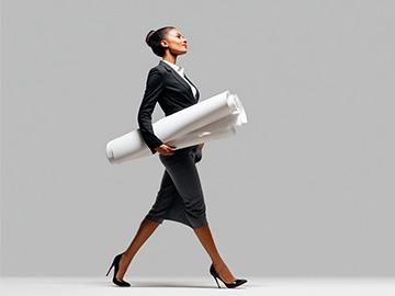 A professional carrying oversized papers looking upward while walking forward