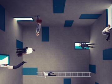 A view of a room with several doors on every wall and people trying to exit