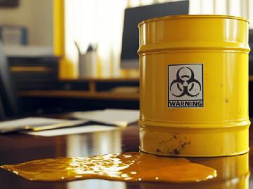 Toxic waste leaks out on a desk at a workplace