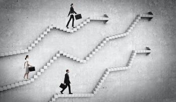 Illustration of three business people, each climbing their own staircase