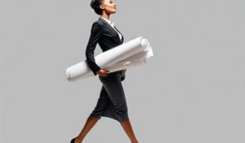 A professional carrying oversized papers looking upward while walking forward