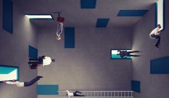 A view of a room with several doors on every wall and people trying to exit
