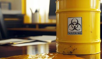 Toxic waste leaks out on a desk at a workplace