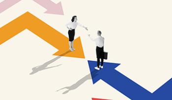 Two people dressed in professional attire face each other with their hands outstretched for a handshake, standing on top of arrows pointing toward each other