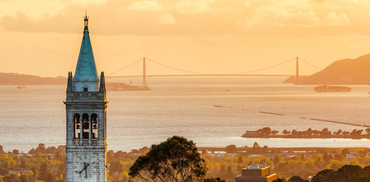 Arial photo of Berkeley Campanile at sunrise looking onto San Francisco Bay